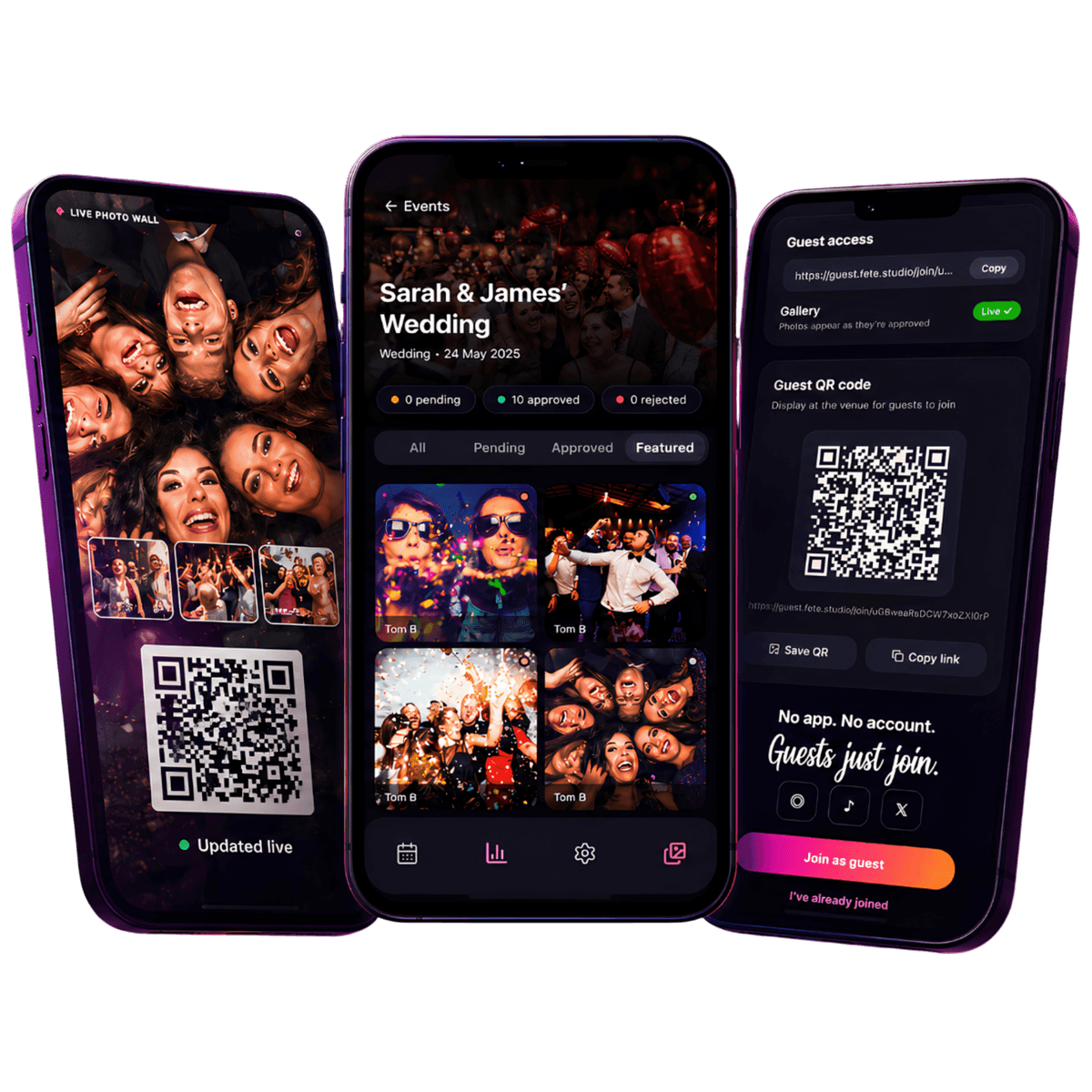 The Fête organiser app on iPhone: live photo wall, gallery moderation and guest access