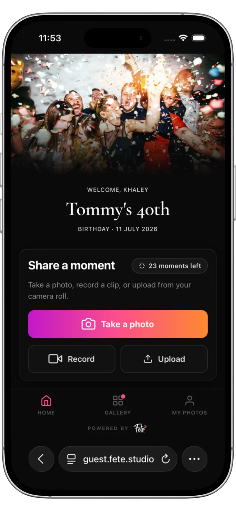Fête guest home screen — event title, shots-left counter, take-a-photo CTA