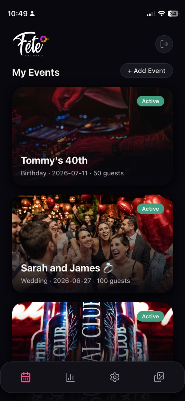 Fête organiser app showing My Events screen with active events