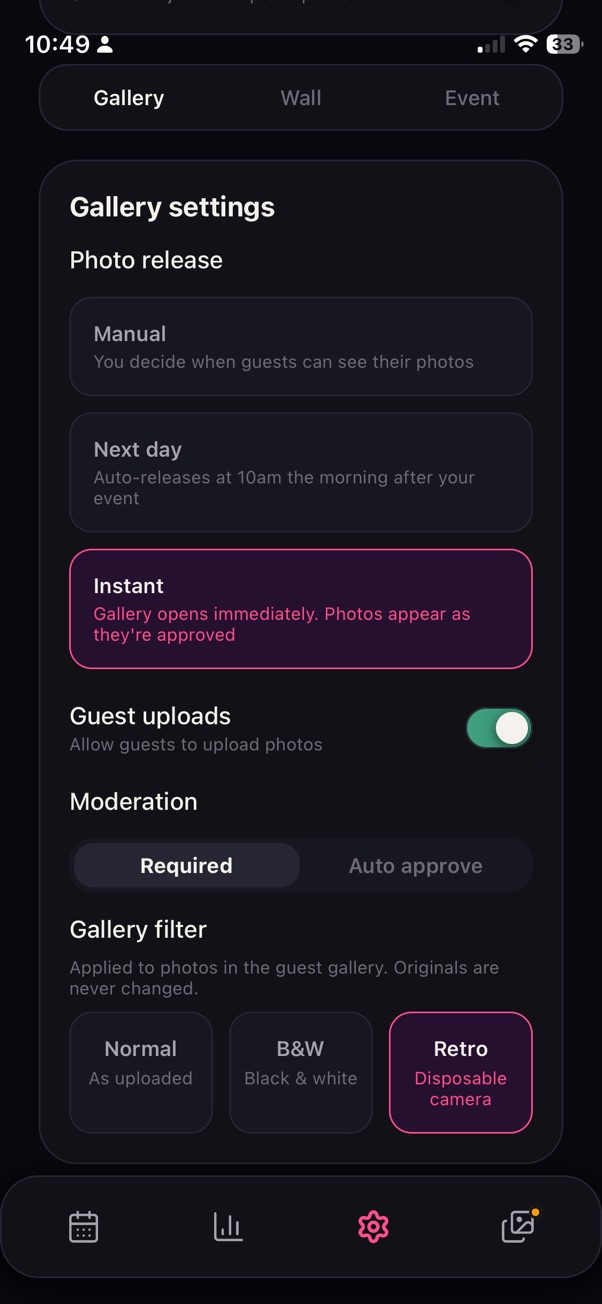 Gallery settings showing photo release options, moderation mode and gallery filter